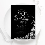 Simple Elegant 90th Birthday Black Silver Roses Invitation<br><div class="desc">Simple elegant 90th birthday party invitation in black and silver. Classy design featuring roses, faux silver foil and typography script font. Trendy invite card perfect for a stylish female bday celebration. Personalise with your own details. Can be customised to any age. Printed Zazzle invitations or instant download digital printable template....</div>