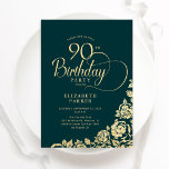 Simple Elegant 90th Birthday Emerald Green Gold Invitation<br><div class="desc">Simple elegant 90th birthday party invitation in emerald green and gold. Classy design featuring roses, faux gold foil and typography script font. Trendy invite card perfect for a stylish female bday celebration. Personalise with your own details. Can be customised to any age. Printed Zazzle invitations or instant download digital printable...</div>