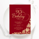 Simple Elegant 90th Birthday Red Gold Roses Invitation<br><div class="desc">Simple elegant 90th birthday party invitation in red and gold. Classy design featuring roses, faux gold foil and typography script font. Trendy invite card perfect for a stylish female bday celebration. Personalise with your own details. Can be customised to any age. Printed Zazzle invitations or instant download digital printable template....</div>