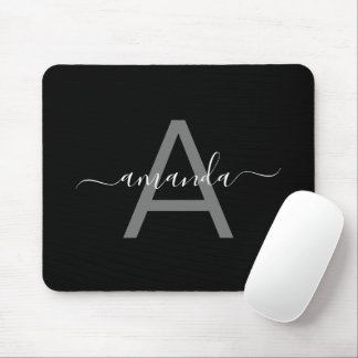 Simple Elegant Add Your Name & Monogrammed Black Mouse Mat