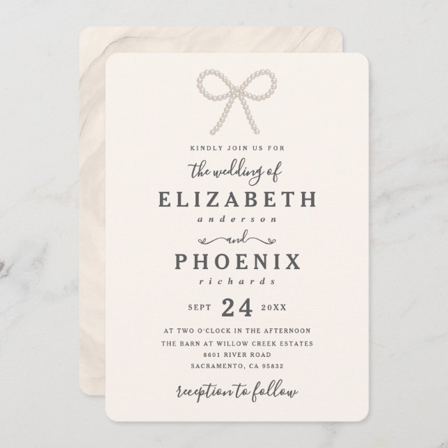 Simple Elegant Antique Pearl Pearl Bow Wedding Invitation (Front/Back)