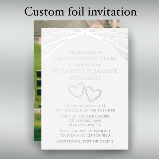 Simple Elegant Arch Photo 60th Wedding Anniversary (Personalize this template for a lovely custom silver foil 60th wedding anniversary party invitation.)