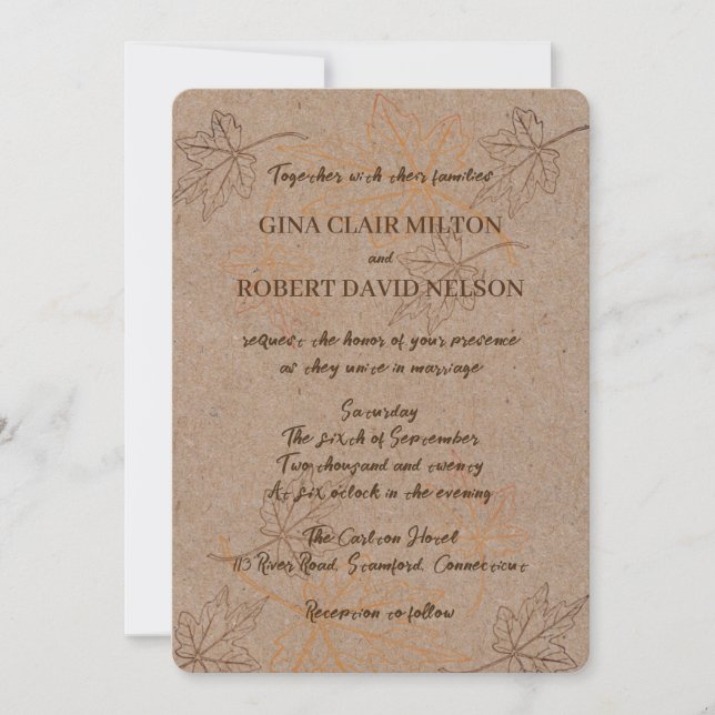 Simple Elegant Autumn Leaves Outlines Fall Wedding Invitation (Front)