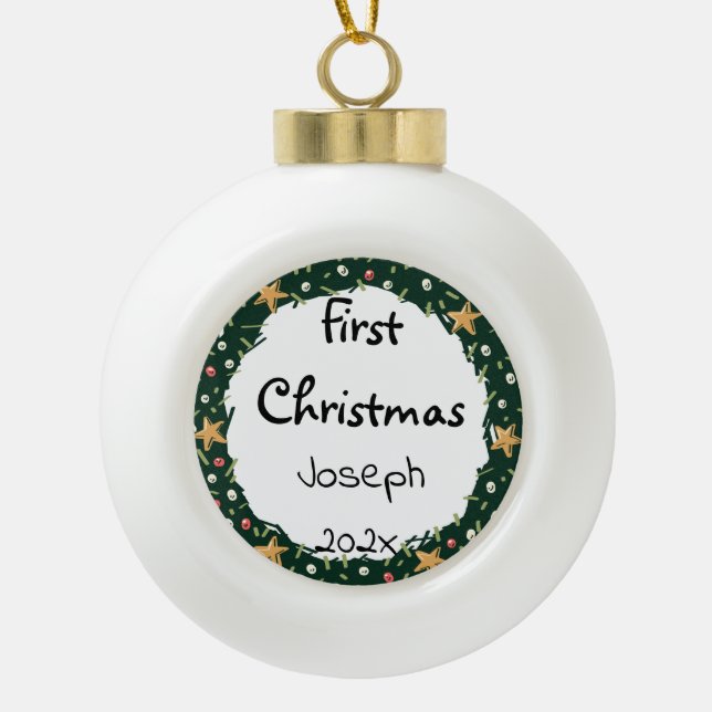 simple elegant baby first christmas customise  ceramic ball christmas ornament (Front)