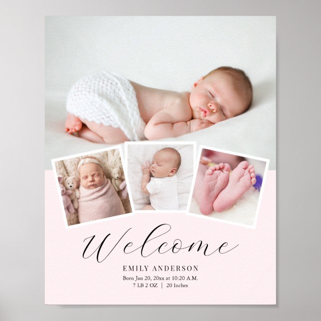 Simple Elegant Baby Girl Photo Birth Date Stats Poster (Front)
