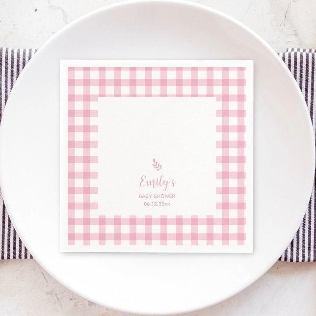 Simple Elegant Baby Pink Gingham Girl Baby Shower Napkin (Creator Uploaded)