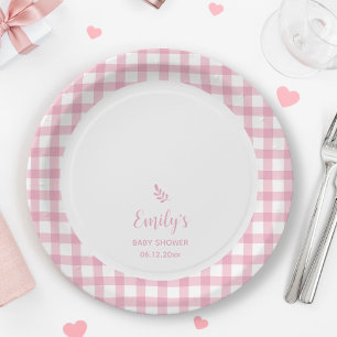 Simple Elegant Baby Pink Gingham Girl Baby Shower Paper Plate