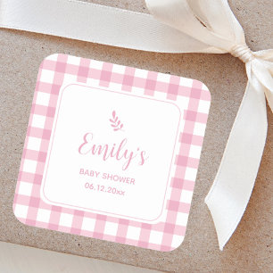 Simple Elegant Baby Pink Gingham Girl Baby Shower Square Sticker
