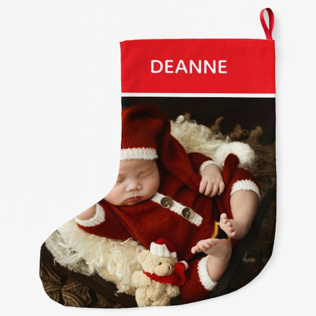 Simple Elegant Baby's First Christmas 1 Photo Large Christmas Stocking (Back)