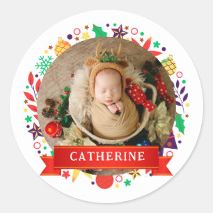 Simple Elegant Baby's First Christmas Custom Name Classic Round Sticker