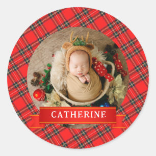 Simple Elegant Baby's First Christmas Custom Name Classic Round Sticker