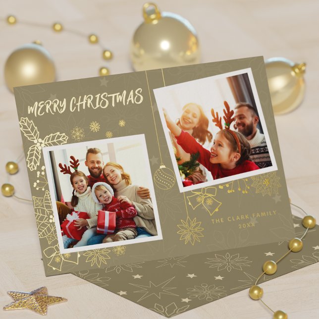 Simple Elegant Beige 2 Photo Frames Family Foil Holiday Card (Simple Elegant Beige 2 Photo Frames Family Foil Holiday Card)
