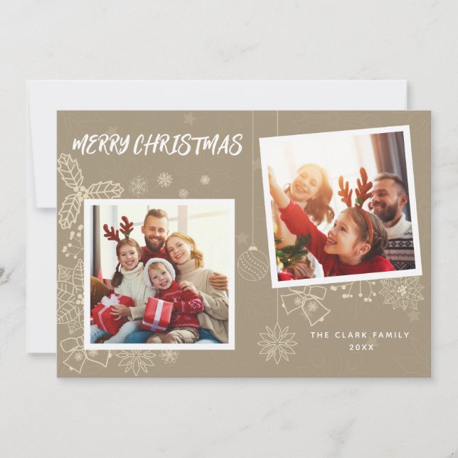 Simple Elegant Beige 2 Photo Frames Family Holiday Card (Front)