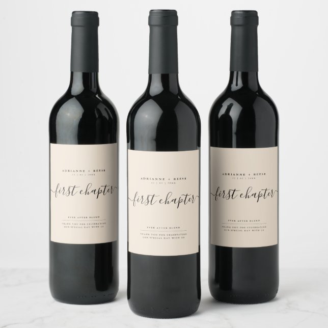 Simple Elegant Beige and Black Wedding Wine Label (Bottles)