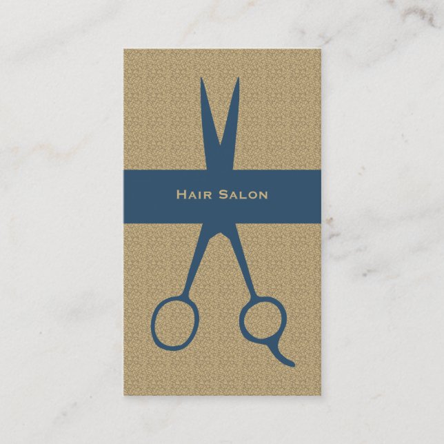 Simple Elegant Beige Blue Scissor Hair Stylist Business Card (Front)