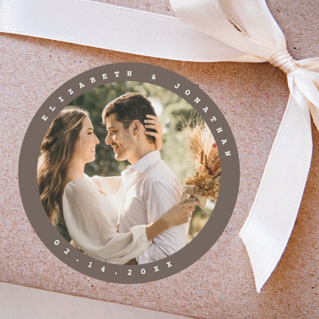 Simple Elegant Beige Brown Neutral Wedding Photo Classic Round Sticker (Creator Uploaded)