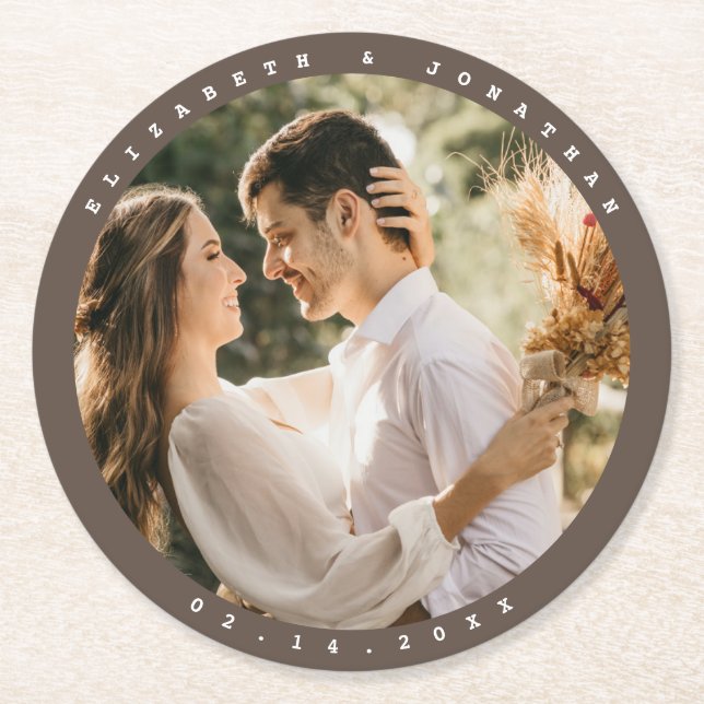 Simple Elegant Beige Brown Neutral Wedding Photo Round Paper Coaster (Front)