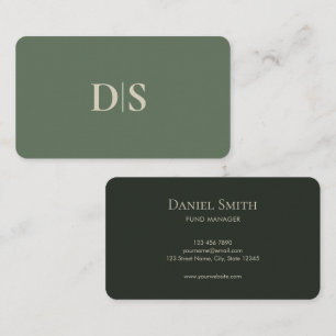 Simple Elegant Beige on Dark Muted Green Initials Business Card