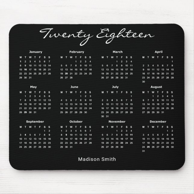Simple Elegant Black 2018 Calendar Mouse Mat (Front)