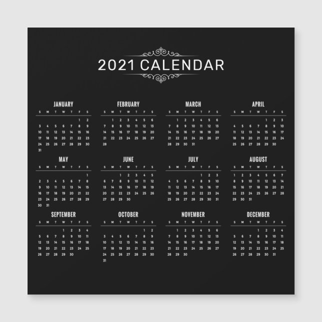Simple & Elegant Black 2021 Calendar Magnetic Card (Front)