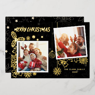 Simple Elegant Black 2 Photo Frames Family Foil Holiday Card