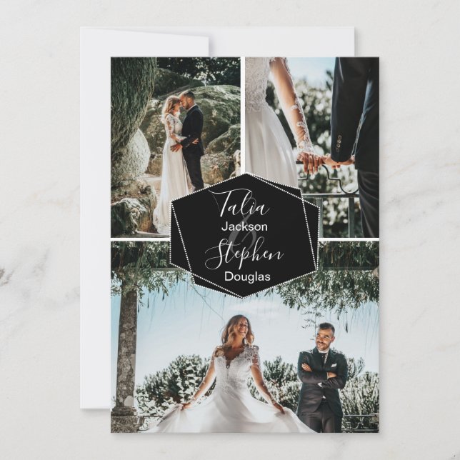 Simple elegant black 3 photo grid collage wedding invitation (Front)