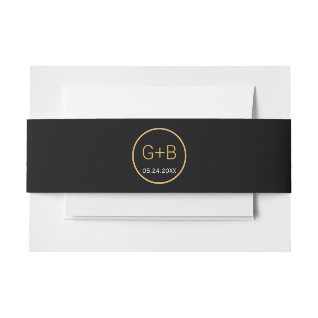 Simple elegant black and gold monogram wedding invitation belly band (Front Example)