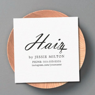 Simple Elegant Black and White Hair Stylist Square Business Card