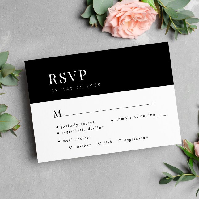 Simple elegant black and white meal choice wedding RSVP card (Creator Uploaded)