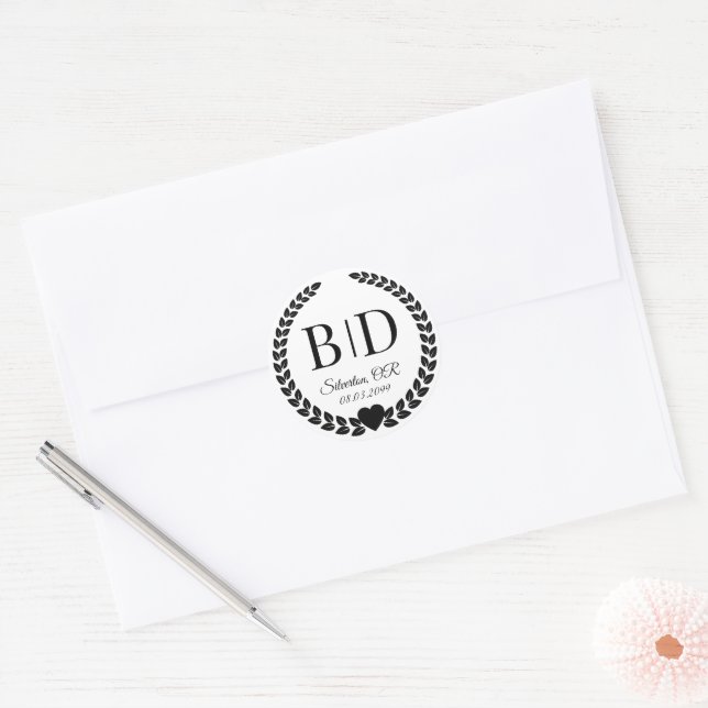 Simple Elegant Black and White Monogram Classic Round Sticker (Envelope)