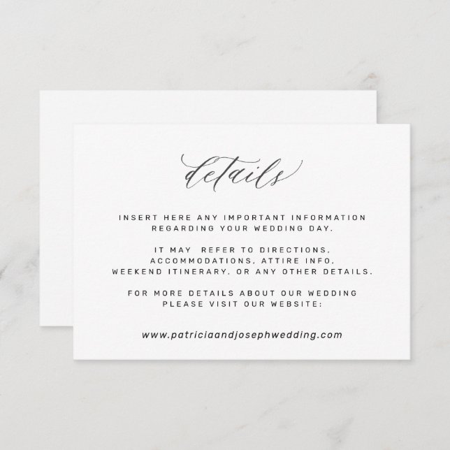 Simple elegant black and white wedding details enclosure card (Front/Back)
