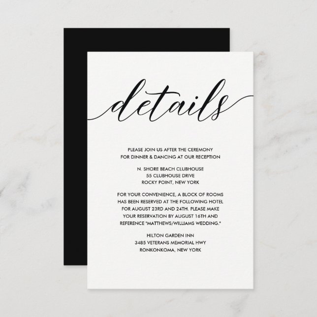 Simple Elegant Black and White Wedding Details Enclosure Card (Front/Back)