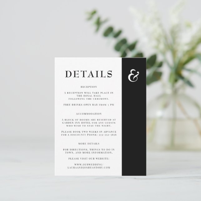 Simple elegant black and white wedding details enclosure card (Standing Front)