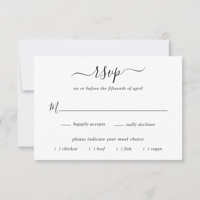 Simple Elegant Black and White Wedding Meal Choice RSVP Card (Front)