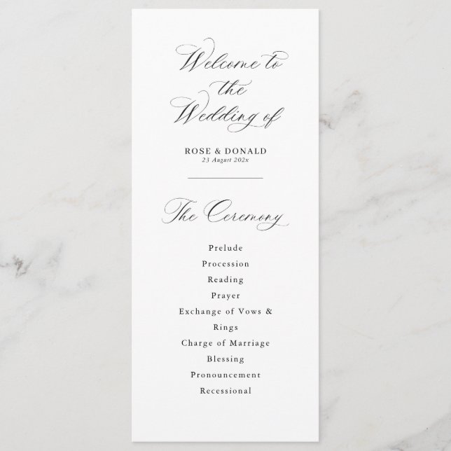 Simple elegant black and white wedding programme (Front)