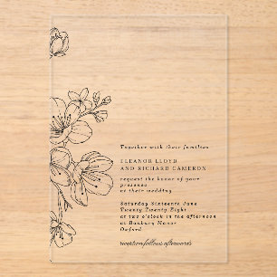 Simple Elegant Black Blossom Floral Wedding Acrylic Invitations