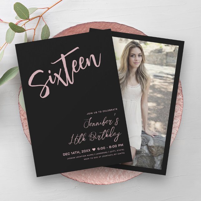 Simple Elegant Black Blush Pink Sweet 16 Script  Invitation (Simple Elegant Black Blush Pink Sweet 16 Script Invitation)
