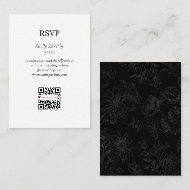 Simple Elegant Black Floral RSVP QR Code Option Enclosure Card (Front/Back)