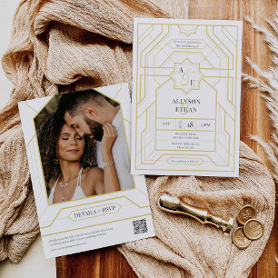 Simple Elegant Black Gold Art Deco QR Code Photo Invitation