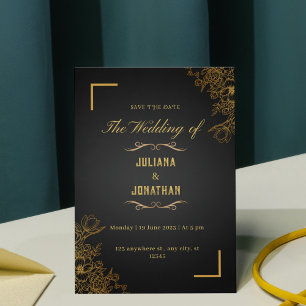 Simple Elegant Black & Gold Floral Save the date Invitation
