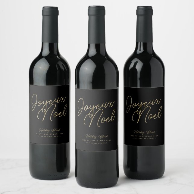 Simple Elegant Black & Gold Joyeux Noel Christmas Wine Label (Bottles)