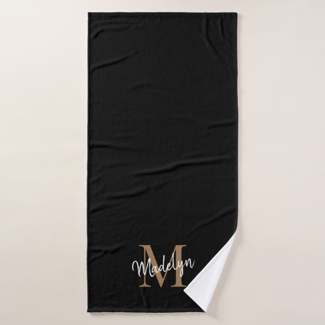 Simple Elegant Black Gold Monogram Script Name Bath Towel (Bath Towel)