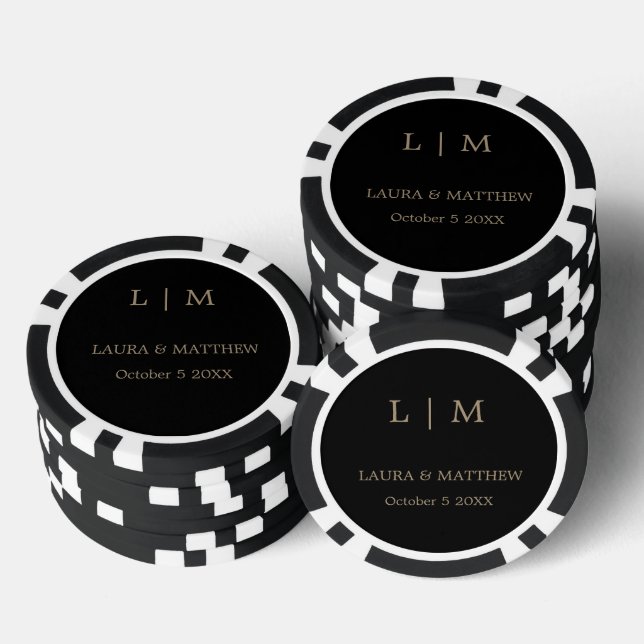 Simple Elegant Black Gold Monogram Wedding Poker Chips (Stack)