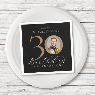 Simple Elegant Black Gold Photo 30th Birthday Napkin