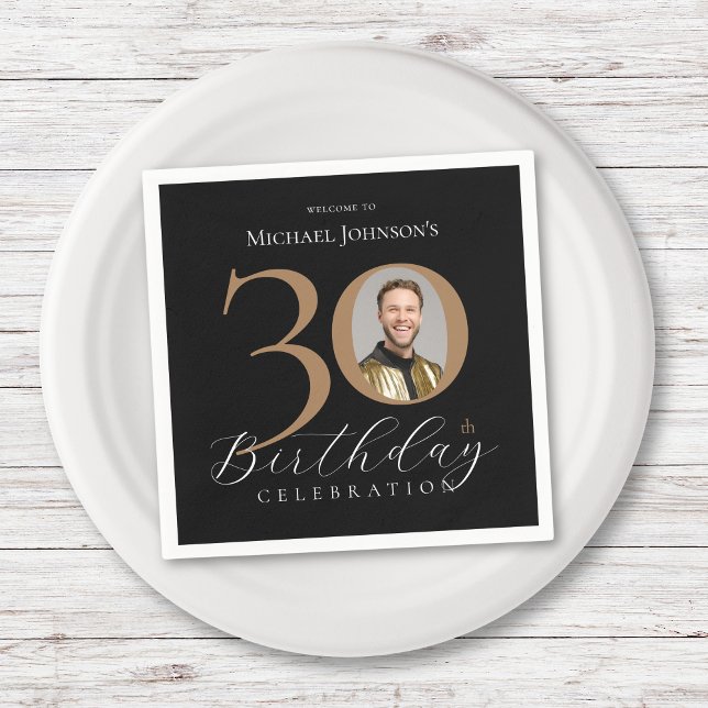 Simple Elegant Black Gold Photo 30th Birthday Napkin (Simple Elegant Black Gold Photo 30th Birthday Napkins)