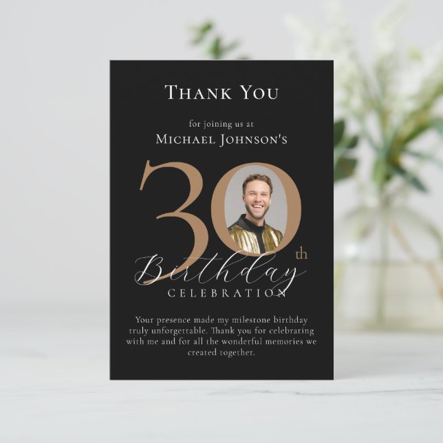 Simple Elegant Black Gold Photo 30th Birthday Thank You Card (Standing Front)