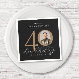 Simple Elegant Black Gold Photo 40th Birthday Napkin