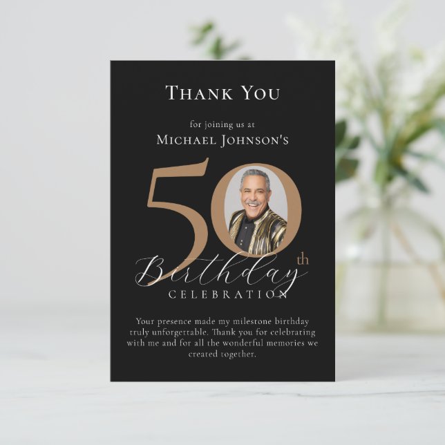 Simple Elegant Black Gold Photo 50th Birthday Thank You Card (Standing Front)