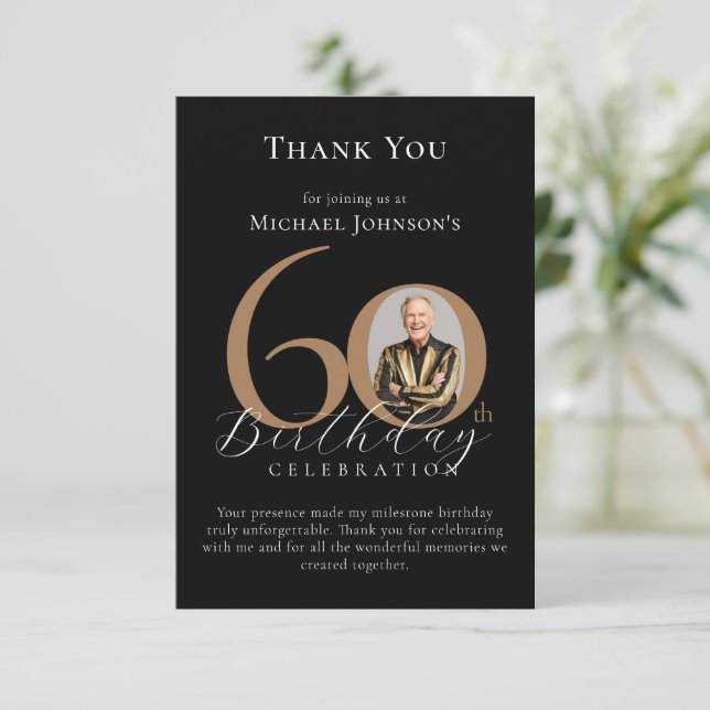 Simple Elegant Black Gold Photo 60th Birthday Thank You Card (Standing Front)