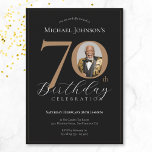 Simple Elegant Black Gold Photo 70th Birthday Invitation<br><div class="desc">Simple Elegant Black Gold Photo 80th Birthday Invitation. Celebrate a milestone birthday with our Black and Gold Simple Elegant invitation, perfect for adding a touch of sophistication to your special day. This customisable design features a sleek black background adorned with elegant gold accents, creating a timeless and classy look. Personalise...</div>